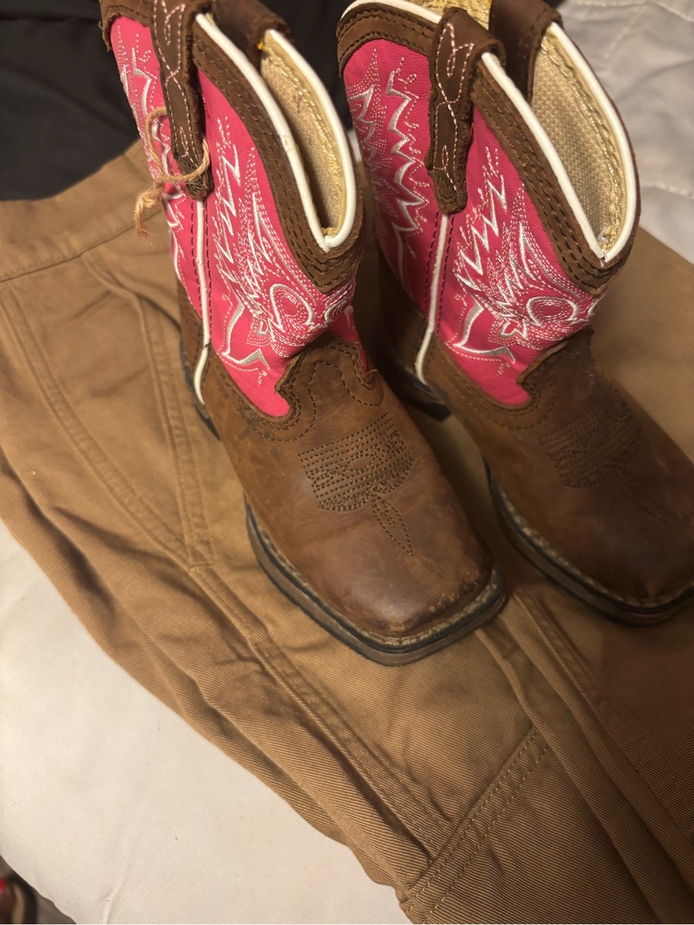 Durango Kids Brown Leather Western Boots with Pink Shaft and White Stitching